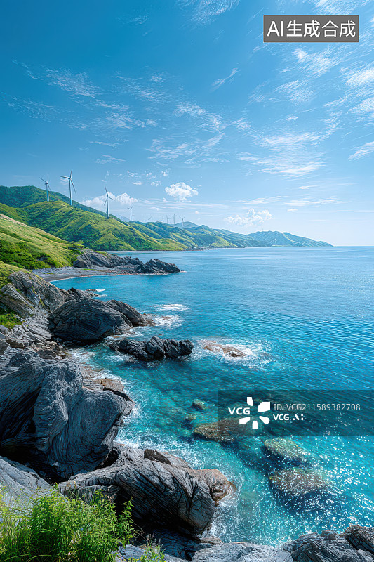 【AI数字艺术】碧海蓝天风车山峦海岸风光图图片素材