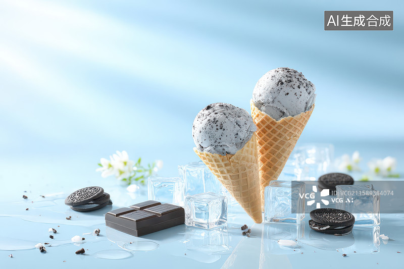 【AI数字艺术】蓝底甜筒奥利奥冰淇淋清凉美食图图片素材