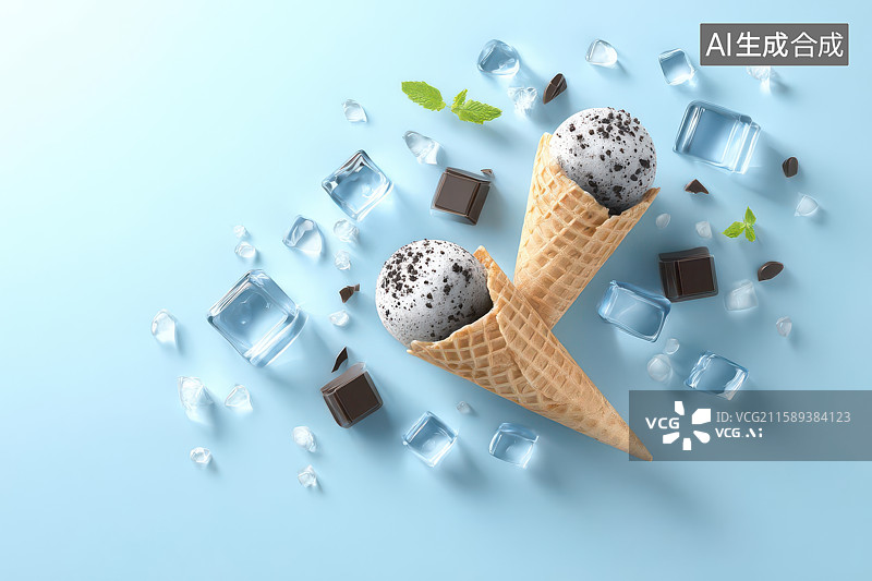 【AI数字艺术】蓝底甜筒奥利奥冰淇淋清凉美食图图片素材