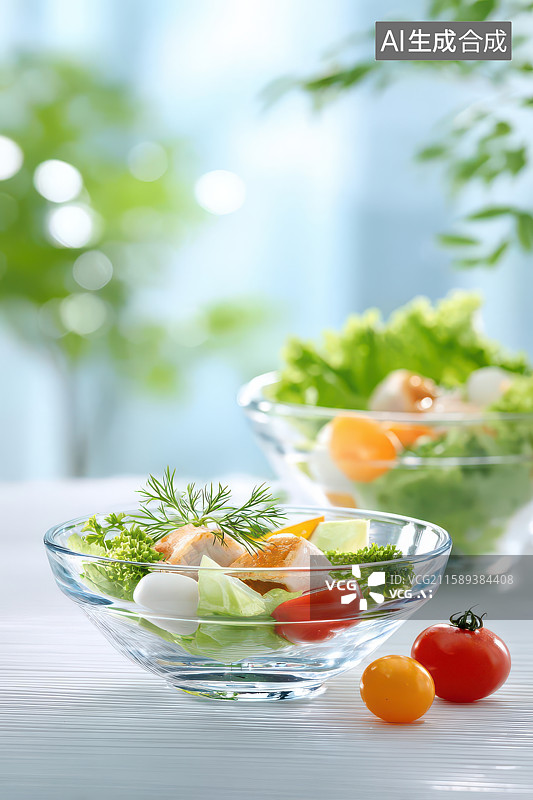 【AI数字艺术】玻璃碗鸡肉蔬菜沙拉健康餐图片素材