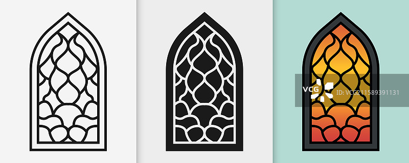 伊斯兰窗户轮廓和剪影图标集图片素材