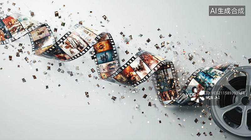 【AI数字艺术】电影胶片螺旋展开，点缀闪光碎片图片素材