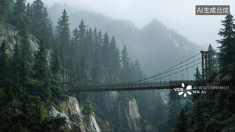 【AI数字艺术】雾中森林的悬索桥图片素材