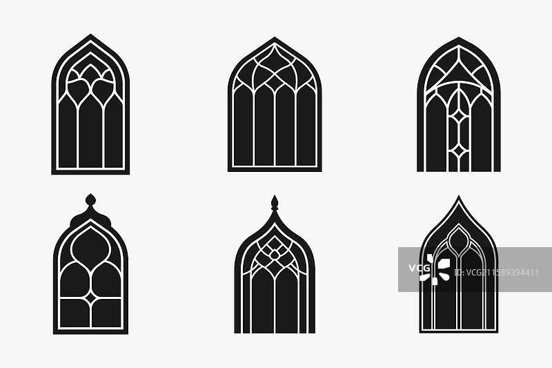 伊斯兰窗户轮廓和剪影图标集图片素材
