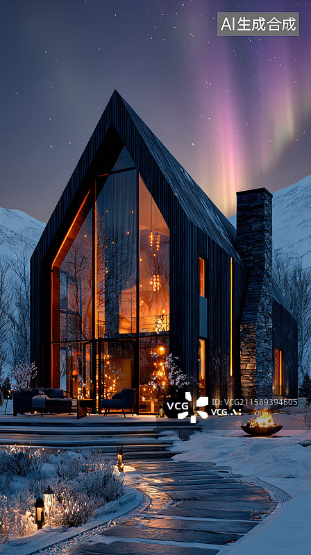 【AI数字艺术】现代玻璃屋夜景极光映衬温馨灯火图片素材