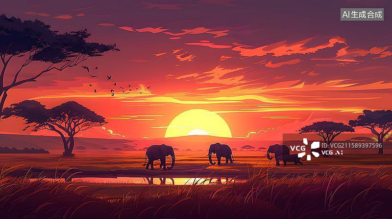 【AI数字艺术】非洲草原的日落剪影  夕阳下的非洲大草原和野生动物图片素材