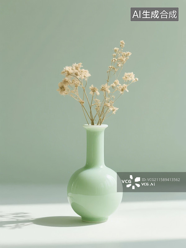 【AI数字艺术】青瓷花瓶插着干花的静物图片素材