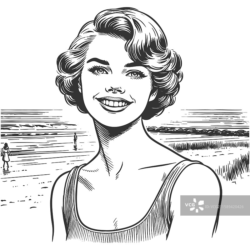 微笑的女性在海滩上的雕刻图片素材