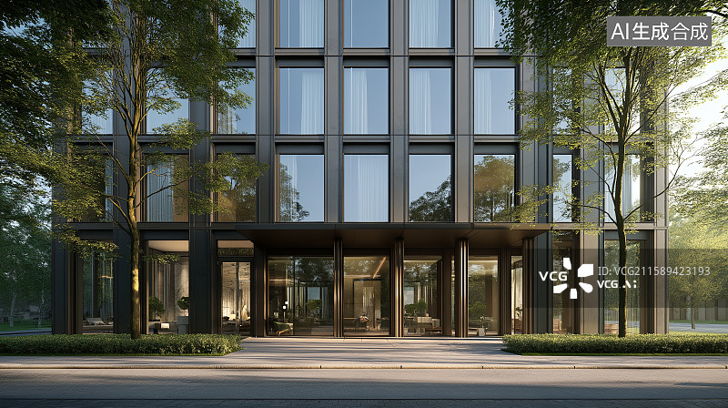 【AI数字艺术】汽车广告背景图——现代风格商务办公玻璃幕墙建筑与城市街道图片素材