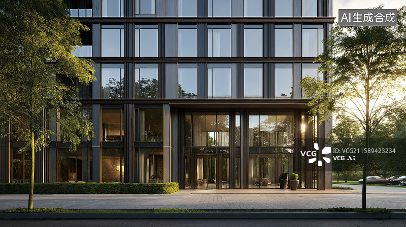 【AI数字艺术】汽车广告背景图——现代风格商务办公玻璃幕墙建筑与城市街道图片素材