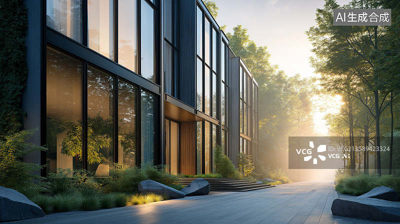 【AI数字艺术】汽车广告背景图——现代风格商务办公玻璃幕墙建筑与城市街道图片素材