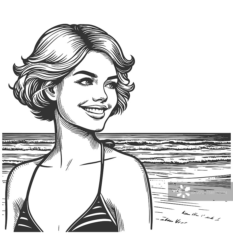 微笑的女性在海滩上的雕刻图片素材