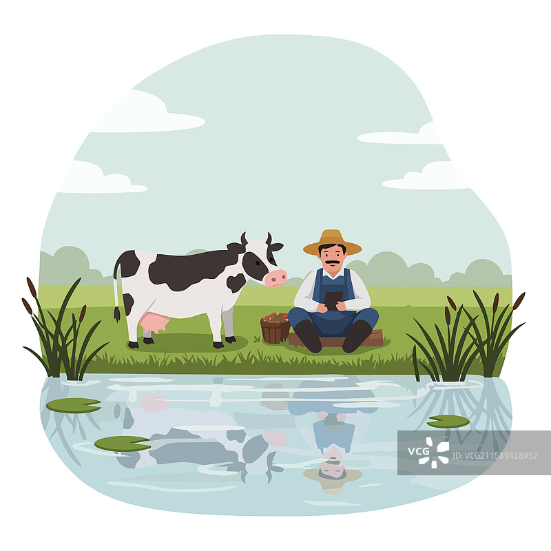 坐在池塘边的农民与牛一起使用平板电脑图片素材