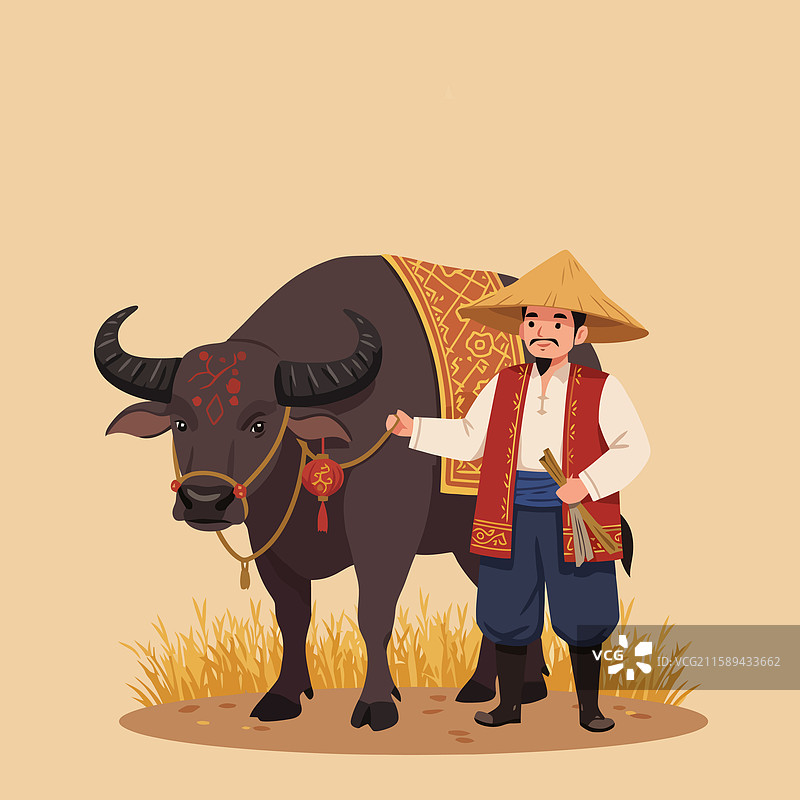 农民与水牛在传统亚洲环境中图片素材