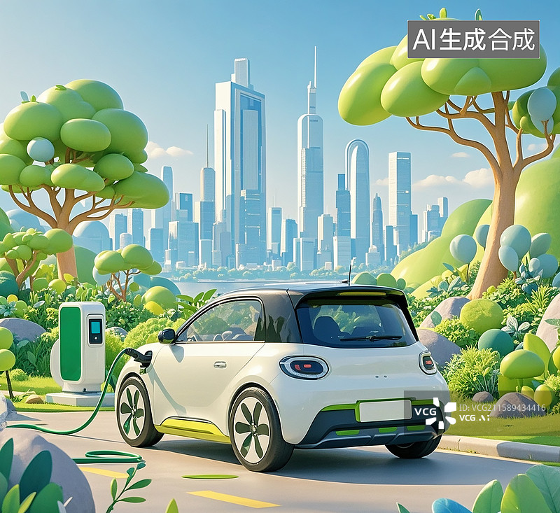 【AI数字艺术】3D卡通风格新能源汽车充电充电桩绿色城市主题插画图片素材