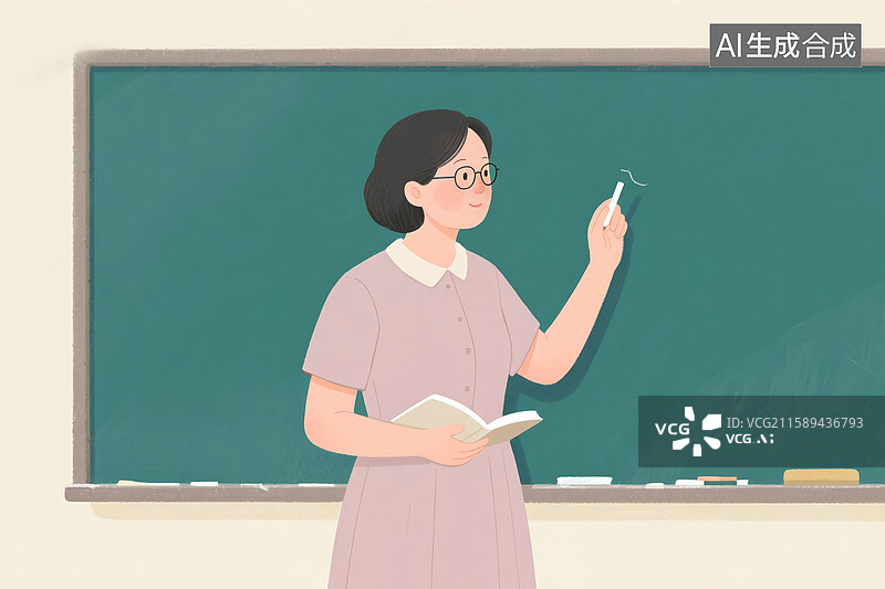 【AI数字艺术】黑板前，老师一只手拿着教科书，一只手拿着粉笔，准备讲课，教师节海报插画图片素材