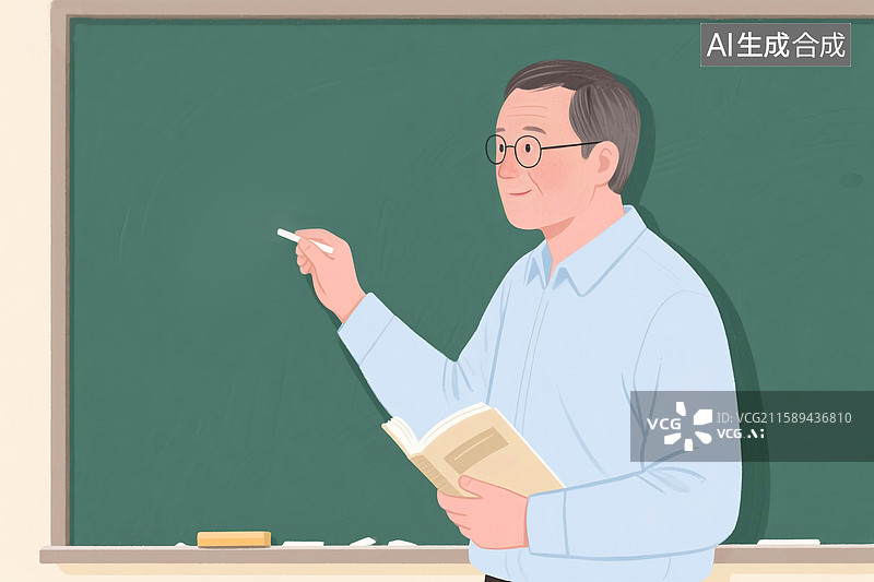 【AI数字艺术】黑板前，老师一只手拿着教科书，一只手拿着粉笔，准备讲课，教师节海报插画图片素材