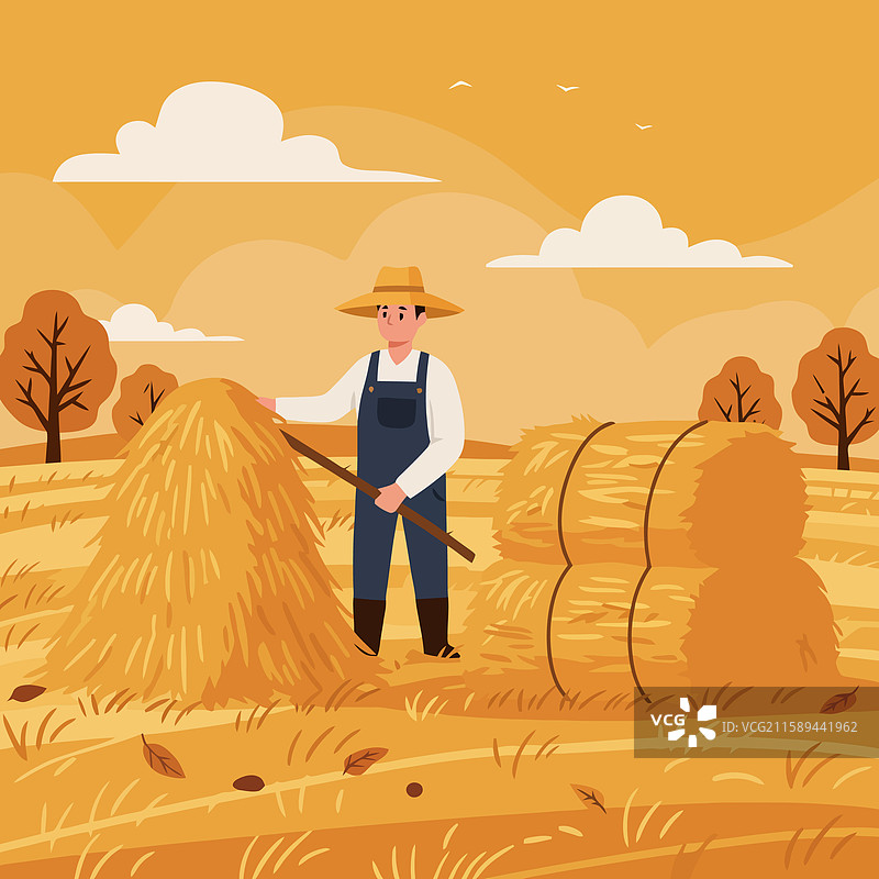 农民在田野中工作，旁边有干草堆和草卷。图片素材