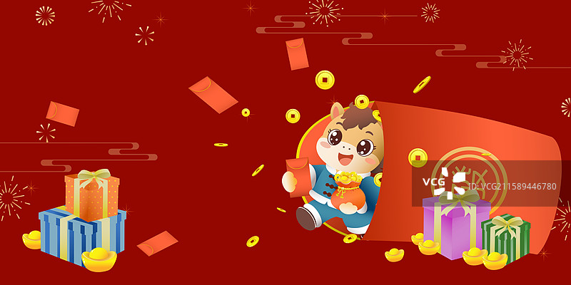春节卡通马手持红包金元宝福袋敲鼓迎新春图片素材