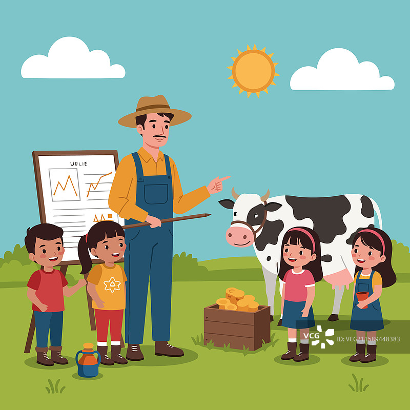 农民向孩子们讲解农场生活，身边有一头牛图片素材