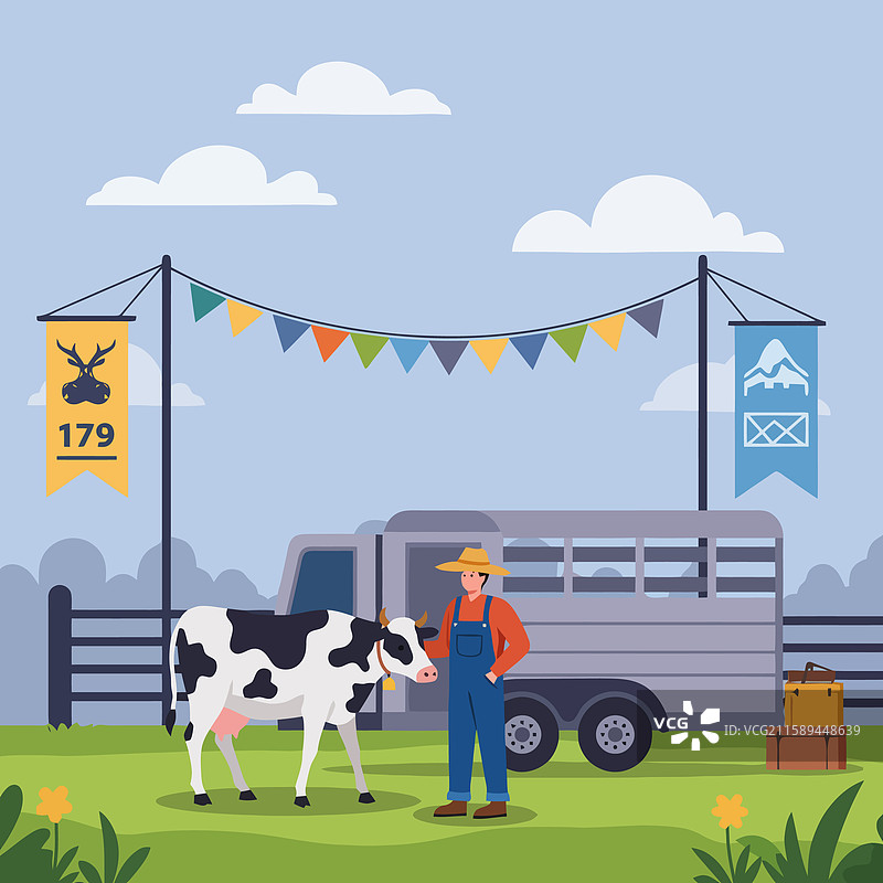 乡村集市上与牛一起的农民，充满节日气氛图片素材