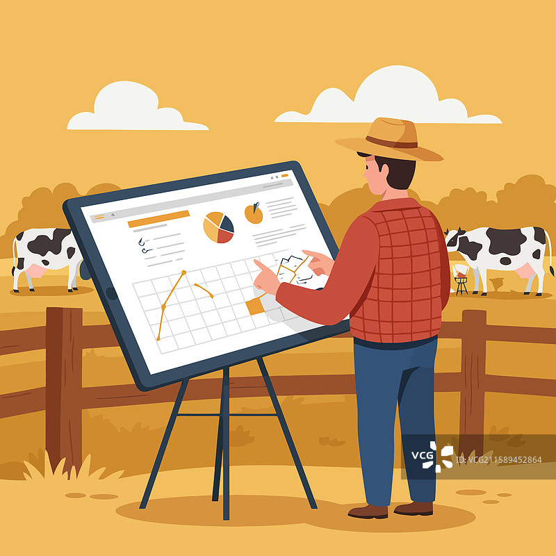 农民在平板电脑上分析数据，身边有奶牛。图片素材