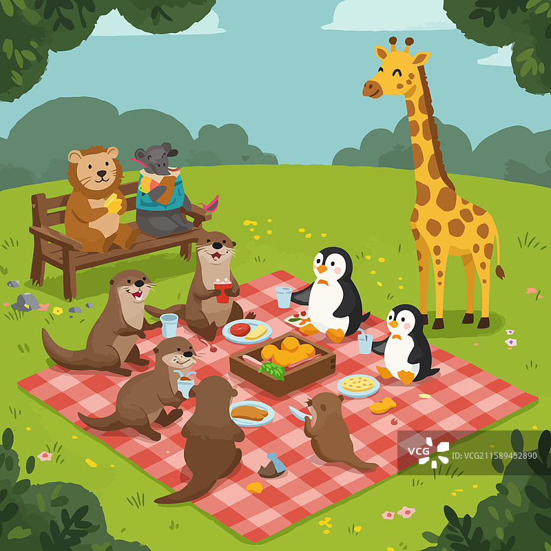 动物们在公园里享受着用格子布铺成的野餐图片素材