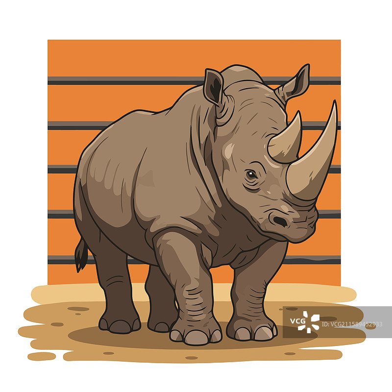 在动物园栖息地中站立的犀牛，背景为棕色图片素材