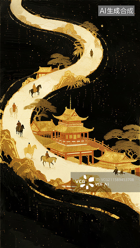 【AI数字艺术】山水楼阁画卷图片素材