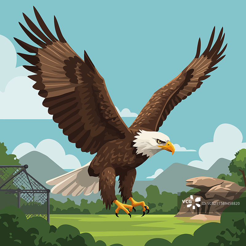 卡通风格的飞翔鹰在绿色景观上空图片素材