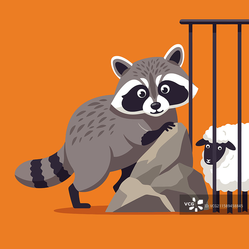 卡通浣熊爬上岩石，后面有一只羊图片素材