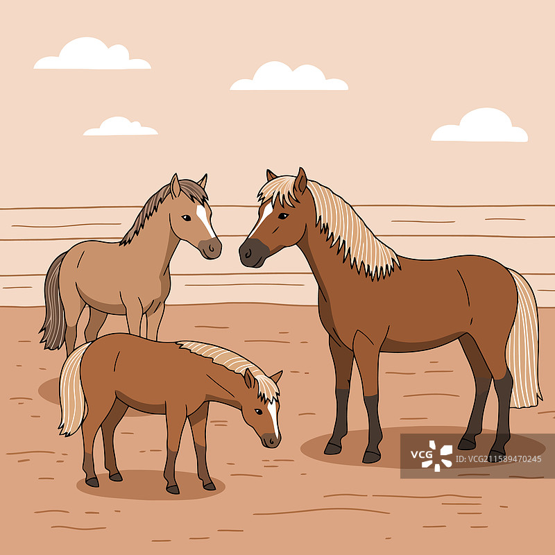 马在有围栏的牧场里站着，天空中有云。图片素材