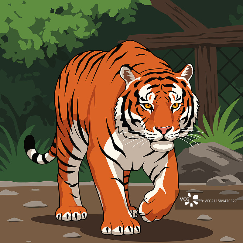 在绿色森林中行走的卡通老虎图片素材