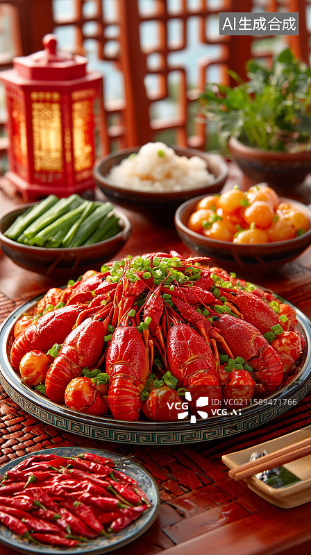 【AI数字艺术】麻辣小龙虾配蔬菜和调料图片素材