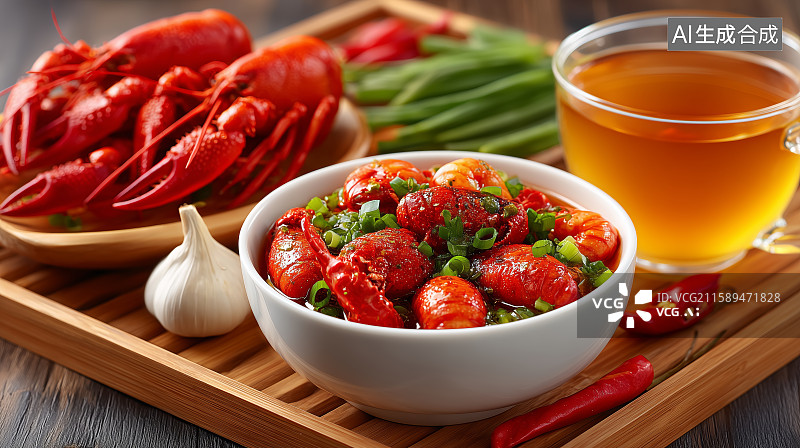 【AI数字艺术】麻辣小龙虾配蔬菜和调料图片素材