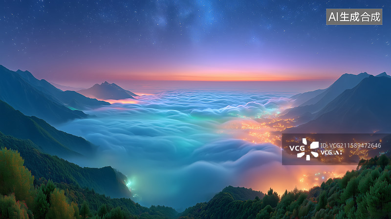 【AI数字艺术】彩虹光芒照耀山峰图片素材