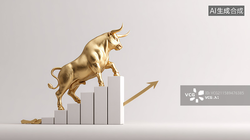 【AI数字艺术】金色公牛站立在上升箭头图表上的金融寓意图片素材