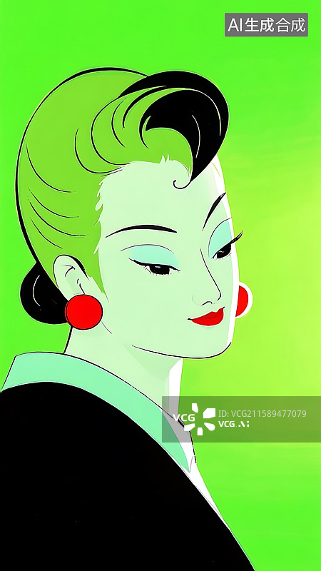 【AI数字艺术】绿发红唇女士漫画图片素材