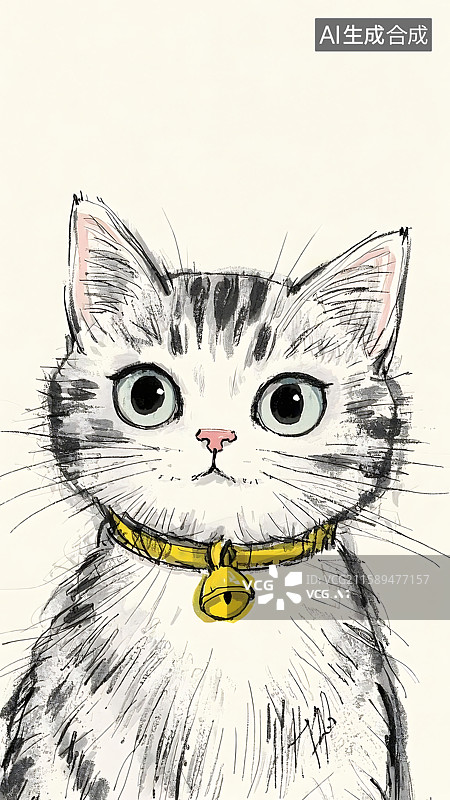 【AI数字艺术】猫咪插画，戴着黄色铃铛项圈的可爱猫咪肖像图片素材