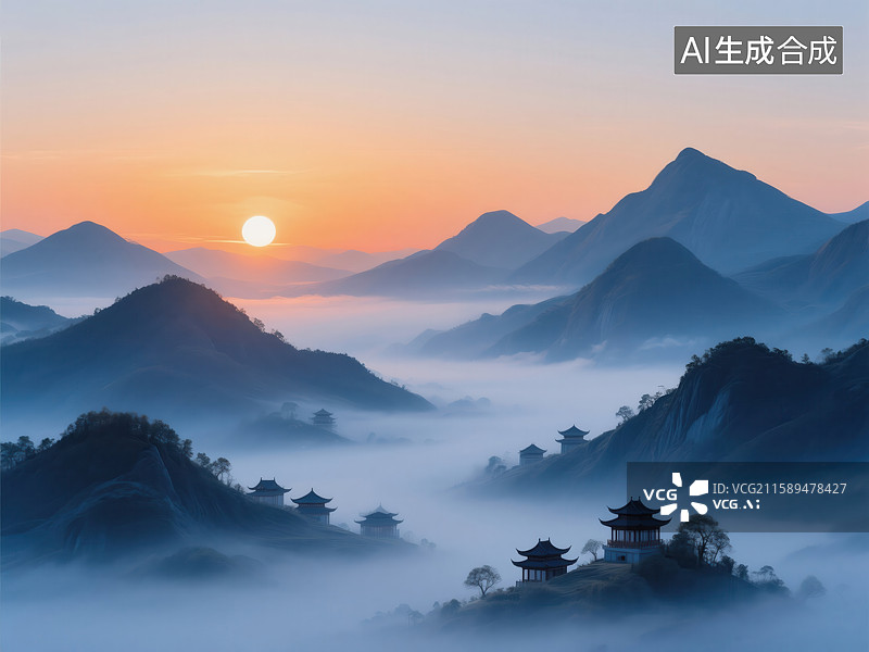 【AI数字艺术】东方山水意境：日出云雾中的古建群与层峦叠嶂图片素材