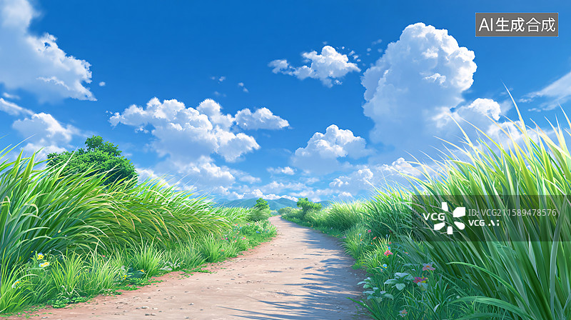 【AI数字艺术】清新乡间小路插画图片素材