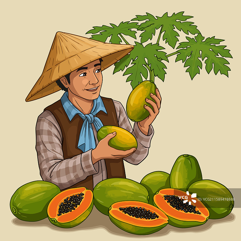 农民手持木瓜，周围是收获的水果和图片素材