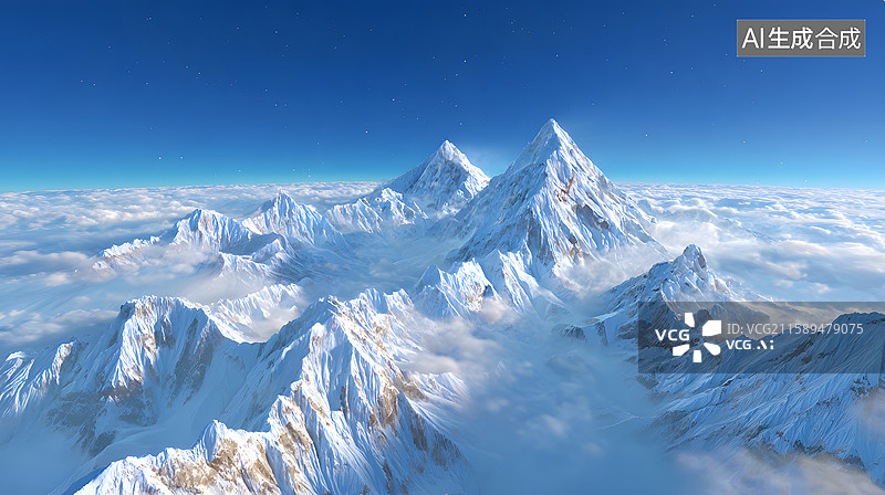 【AI数字艺术】蓝天下白雪皑皑的群山俯瞰图图片素材