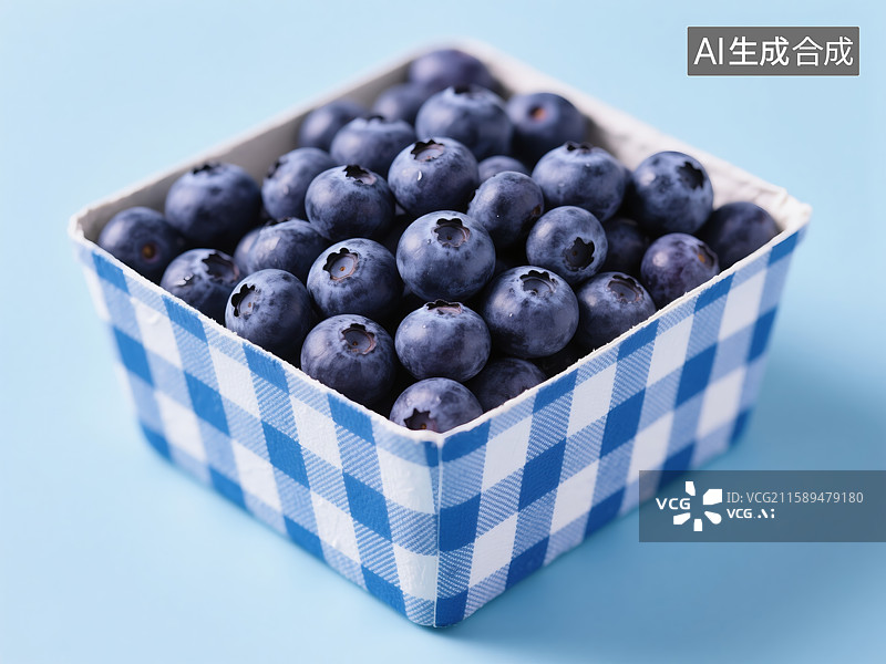 【AI数字艺术】蓝格纸盒中的新鲜蓝莓图片素材
