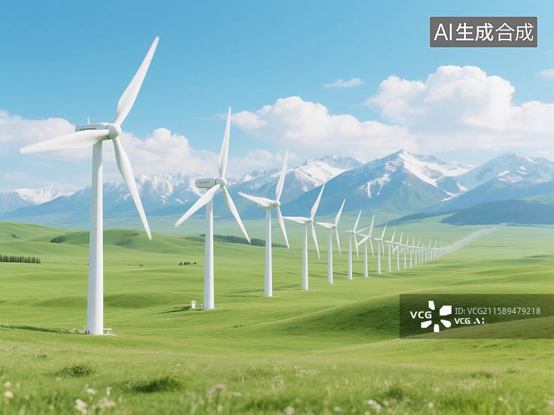 【AI数字艺术】风力发电机排列在绿野与雪山之间图片素材