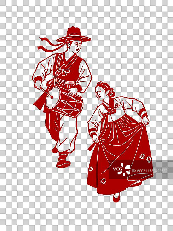 矢量剪纸朝鲜族男女表演舞蹈腰鼓免抠元素图片素材