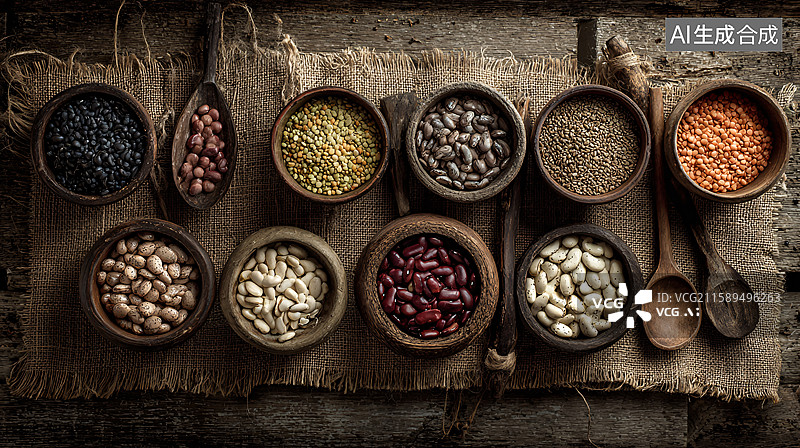【AI数字艺术】木碗木勺里的各类豆类图片素材