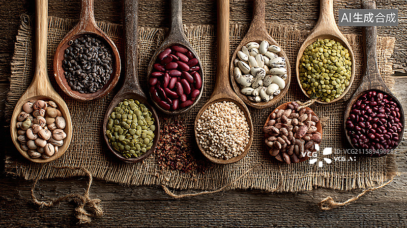 【AI数字艺术】木碗木勺里的各类豆类图片素材