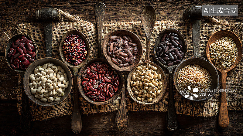 【AI数字艺术】木碗木勺里的各类豆类图片素材
