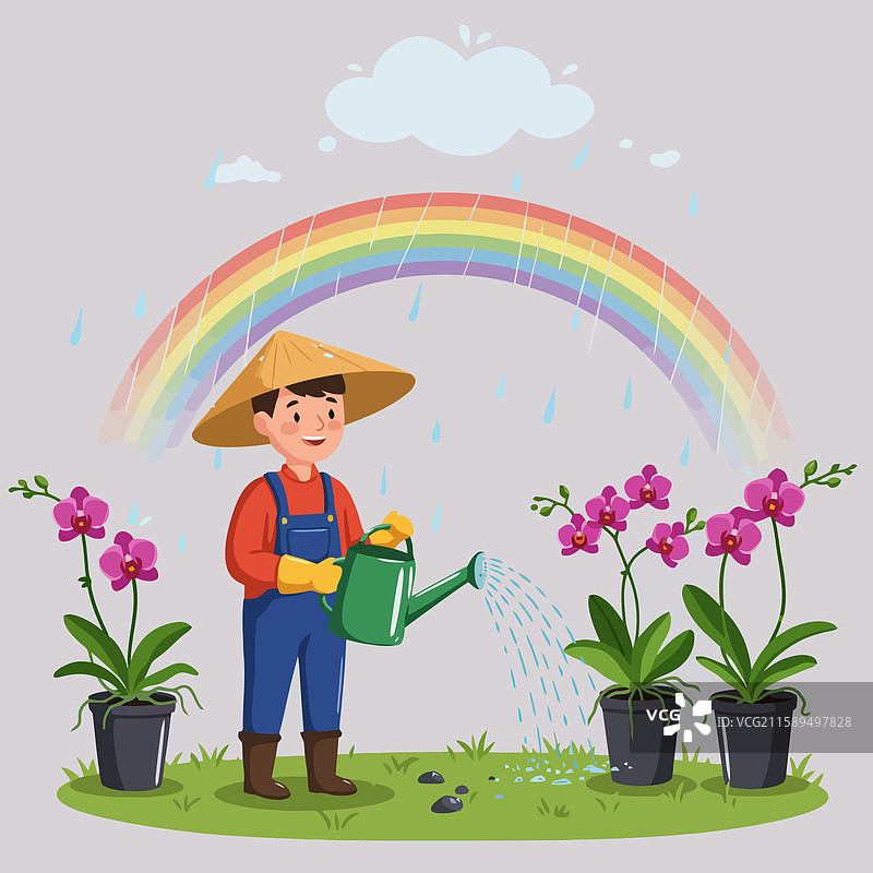 在彩虹下给花浇水的人图片素材
